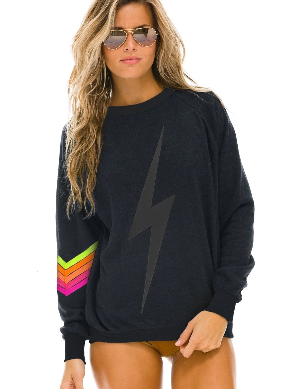 Aviator Nation Bolt Stitch Chevron 5 Crew Sweatshirt in Charcoal/Neon
